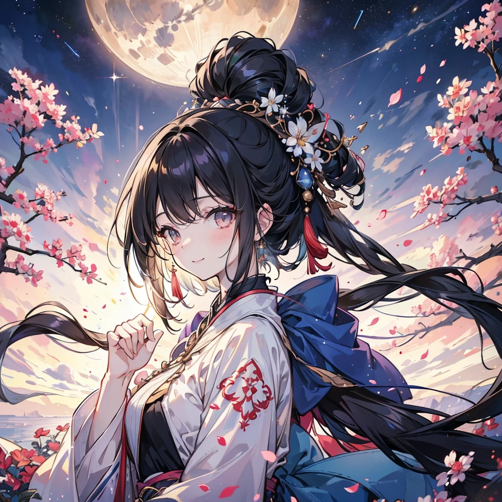 Silhouette of a girl in ancient costume,Beautiful and shining starry sky, The Milky Way is straight above my head, Altair and Vega on the other side are brighter,As if in sync.
Tonight is Chinese Valentine's Day.
Lovers are happy to meet each other、Happy days.
Clear lines, best quality, high resolution,(masterpiece, best quality:1.2), Cute girl,Black Hair,Double tail,Smile,A bright moon hangs in the night sky,avatar