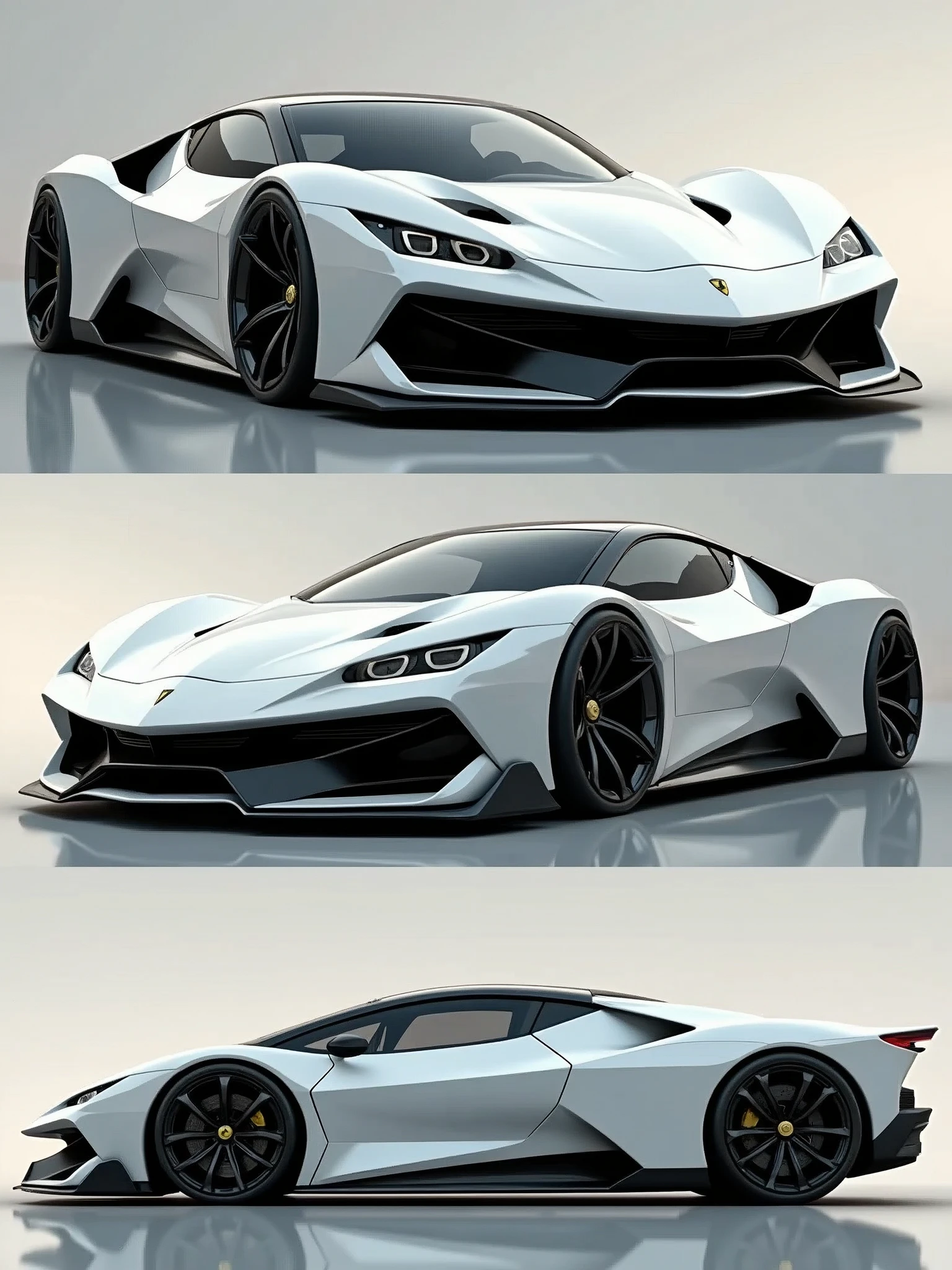 Draw a fusion of White Ferrari F-40 and White Lamborghini Countach in 3 frames:
- Front view
- Side view
- Rear view realistic