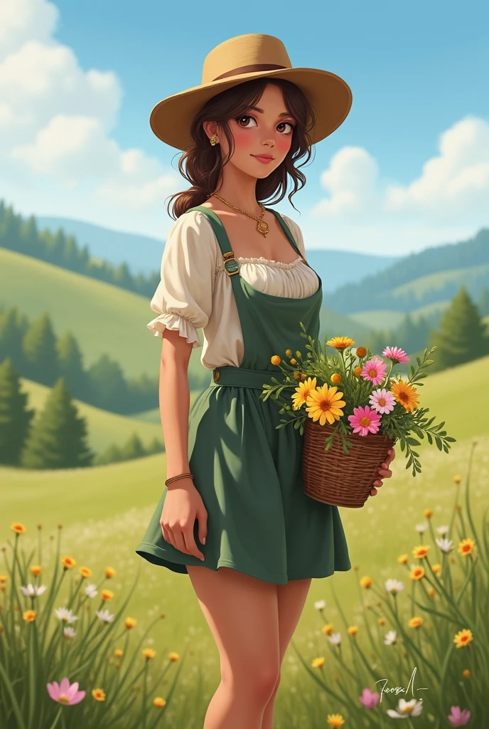 A young shepherdess in simple, rustic clothing, holding a small basket of flowers or herbs, symbolizing her connection to nature., cleavage, thigh, short skirt, sexy