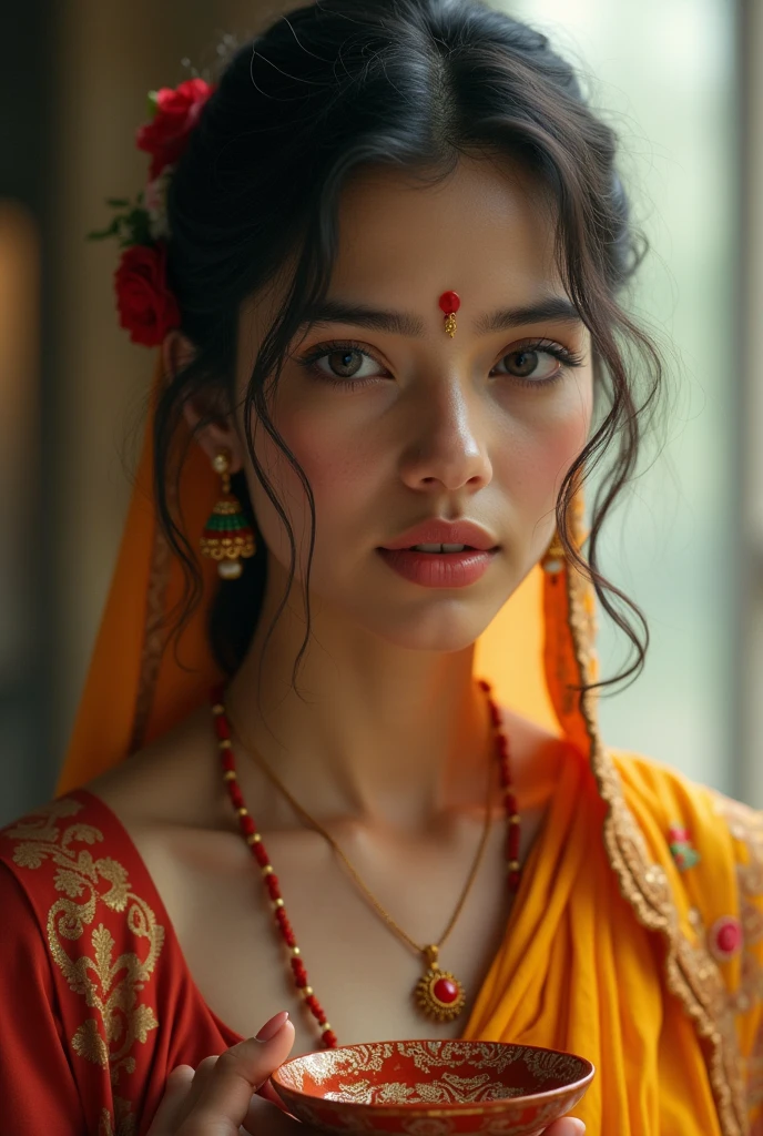 Beautyfull girl, very thin, charming face wire on theet, wear sari, rakhi roap on hand, puja ki thali