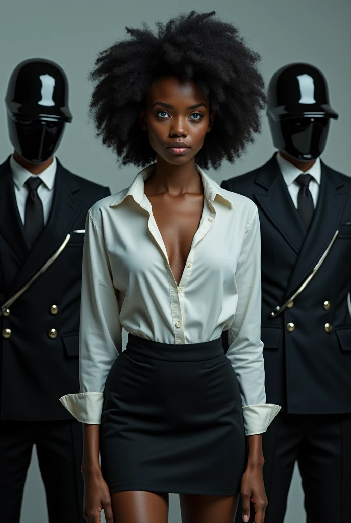 I didn&#39;t know what I was facing, But what she saw left her speechless.: There were three guards in dark clothes., It looked like metal or something similar. They looked very uncomfortable., In the middle there was a young man a little shorter than them. Her hair was black and she wore very elegant clothes., a very well buttoned white shirt, cleavage, thigh, short skirt, sexy, black girl, black skin, blue eyes, cleavage, thigh, short skirt, sexy, afro hair