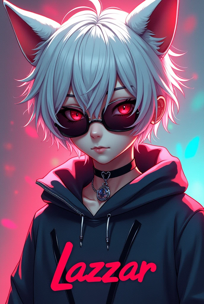 Make a picture of a boy with white hair, shein-style sunglasses, anime-style fashion but animalistic and that says Lazzar