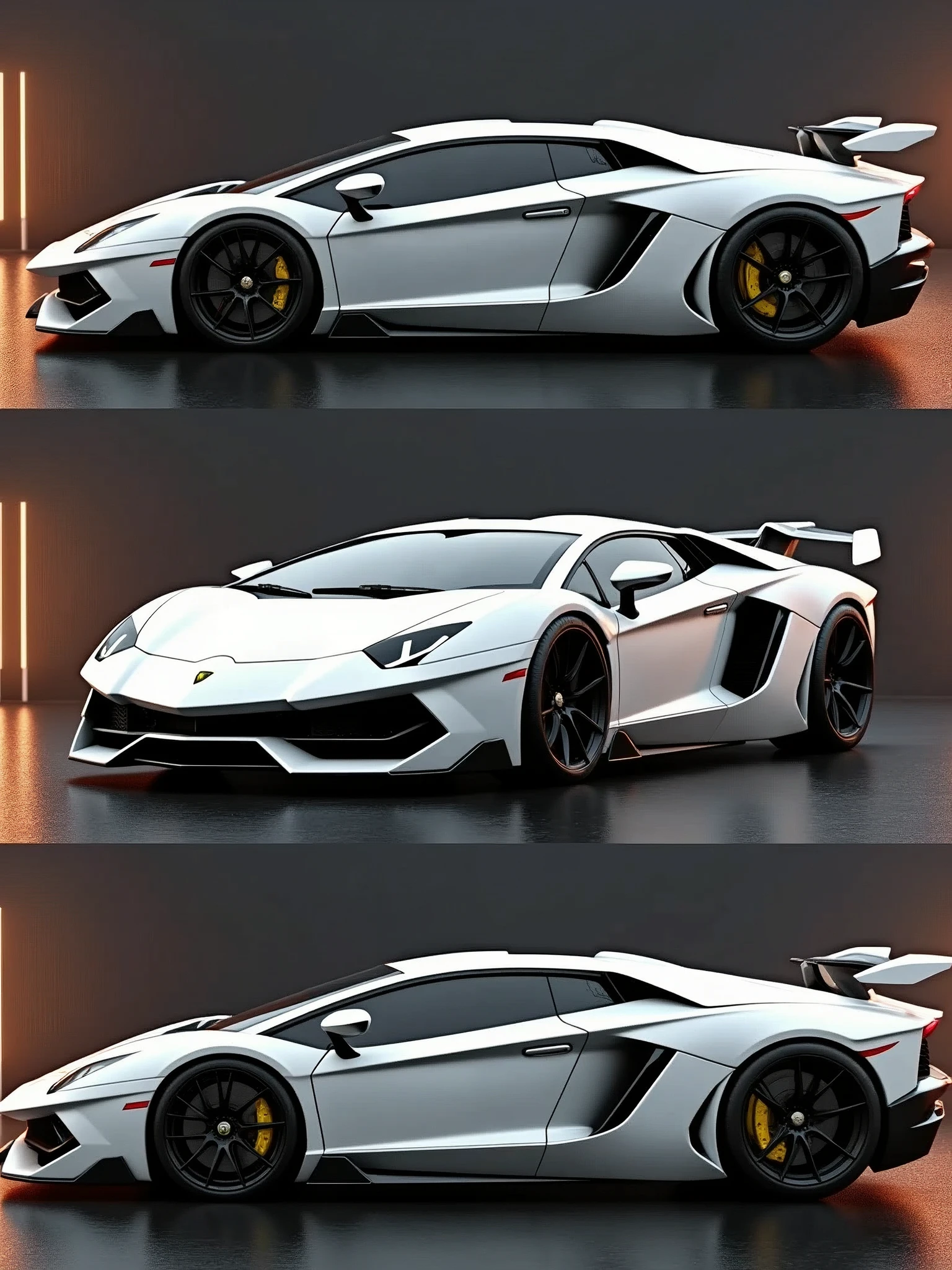Draw a fusion of White Ferrari F-40 and White Lamborghini Countach in 3 frames:
- Front view
- Side view
- Rear view realistic