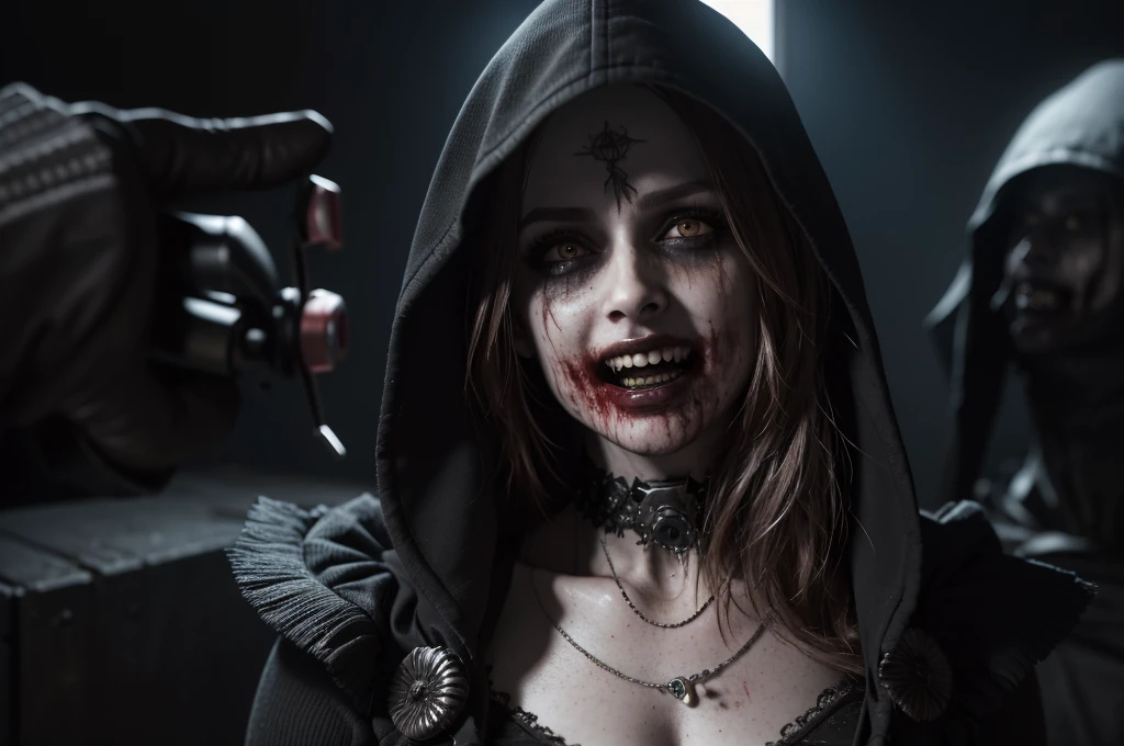 (RAW photo, best quality), (realistic, photo-realistic: 1.3), extremely terrific, masterpiece, ultra-detailed, highres, best illustration, best shadow, intricate, depth of field, horror, scary, scary, scary, horrifying, solo, 1girl, dirty hair, (scary eyes), evil insane eyes, insane monster smile with sharp teeths, looking at the viewer, black torn clothes, hood, blood, bloody, insane expression, sharp focus, volumetric mist, 8k UHD, DSLR, high quality, (film grain: 1.4), Fujifilm XT3, darkness, night