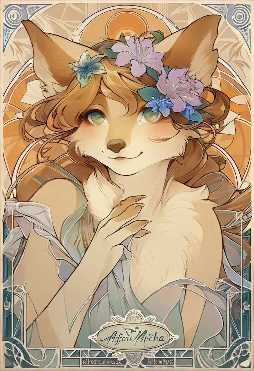 logo mark, stamp, Geometric pattern, vector-art, High-quality illustrations by Alfons Mucha, masterpiece(kemono, furry anthro)flower,