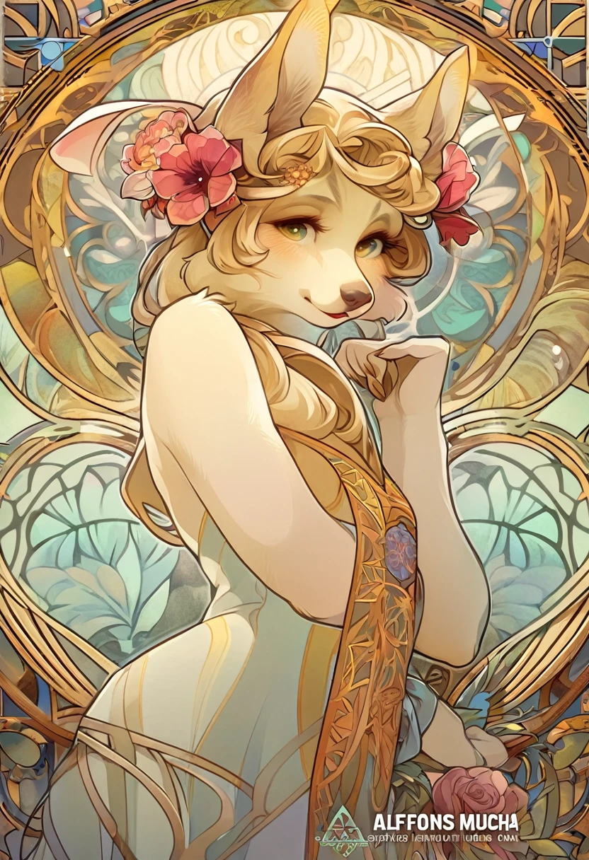 logo mark, stamp, Geometric pattern, vector-art, High-quality illustrations by Alfons Mucha, masterpiece(kemono, furry anthro)flower,