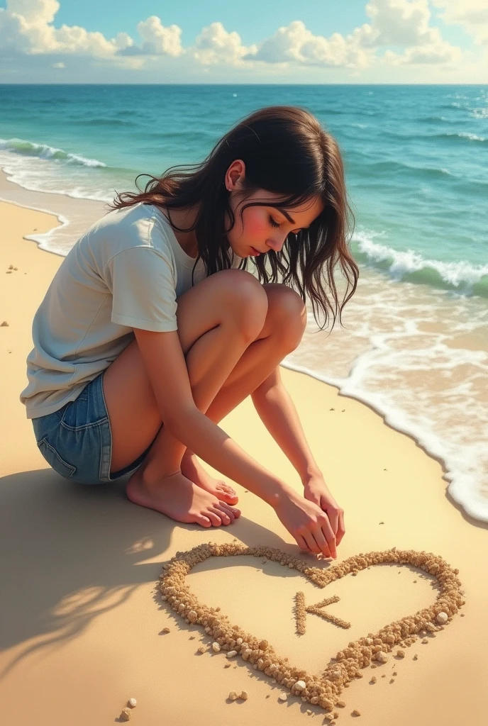 A 18 years old girl draws a heart on sand near sea and writes "K" inside that heart