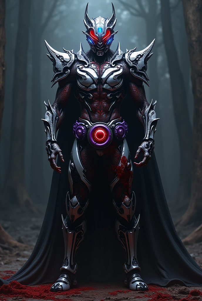 injured with blood, flesh, and bone exposed

Ominous fiend 

Horrifying creature

biological design

terrifying design

ominous design

the body is decaying

Overall Silhouette: The body type is muscular yet slim, typical of Kamen Rider designs. The design emphasizes mobility while conveying a sense of strength, with flowing lines that highlight the body’s movement, balancing agility and power.

Main Colors: The primary colors are black, white, and blue, which are cleverly arranged. Blue serves as the base color, with white and black as accents. These colors follow the body’s contours, with blue lines particularly on the chest, arms, and legs, and white details on the helmet and belt.

Helmet: The helmet is the iconic part of the Kamen Rider look, complex yet instilling a sense of heroic dignity. It features a black base with sharp blue compound eyes. The head has white lines flowing down the center, incorporating futuristic mechanical elements throughout the design.

Armor: Armor pieces cover the chest, shoulders, arms, and legs. The chest armor features a signature "V" shape, characteristic of Kamen Rider, with blue and white lines radiating outward. The armor's surface has intricate mechanical patterns, yet it remains smooth overall, exuding strength.

Umanize Driver:

Design: The Umanize Driver stands out as a unique transformation belt in the Kamen Rider series. It features a purple and white color palette, with a large circular slot in the center where the Golbo is inserted. The belt itself is black with purple and white mechanical details running along it, lighting up when worn.

Golbo: The circular transformation item, "Golbo," plays a key role in Kamen Rider transformations. It has a glossy black and purple finish, with a glowing blue center. When set into the Umanize Driver, the entire belt illuminates, initiating the transformation into Kamen Naizer Uma.

Additional Elements:
Finishing Move: The Umanize Driver's finishing move is executed by setting the G