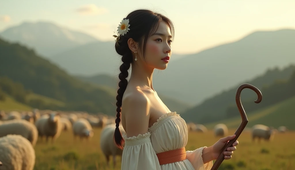 (8k, RAW photo, best quality, masterpiece), (photorealistic), outstanding details, ultra-high resolution, anatomically correct, textured skin, (Extremely precise and accurate anatomy), Ultra Detailed Face, Detailed Eyes, One girl, (whole body:1.4), (full body:1.4), (shepherd girl) , Cute Japanese girl , 20-year-old, (light smile), (Mouth slightly open) , Shepherd's Crook, Side braids, Brown Hair, curvy, beautiful breasts, (Hilly pasture), many sheep, Beautiful mountains in the distance, grassland, wilderness, Background blur, far and near method, morning sun, (backlighting), reflection light from below, atmospheric perspective, depth of field, (dramatic lighting), cinematic lighting, Artistic, Baroque, Cinematography, Portrait Photography,