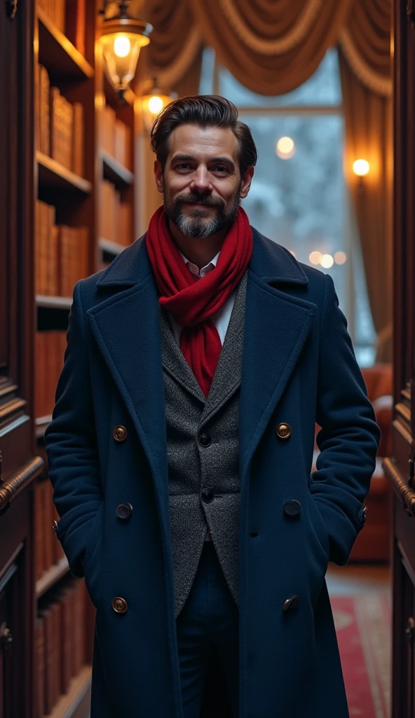 Inside a luxurious mansion, A 21-year-old young rich man with a small beard and big mustache wearing a very lush bluish pent coat and a red muffler, Entering a Library with a motivated look and smile, books all around, library is lavishly decorated, with warm lights contrasting the snowy night outside.