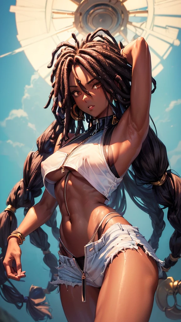 (masterpiece, highest quality, ultra high res, ultra detailed:1.3), 1 cute girl, ideal ratio body proportions, (black fine dreadlocks, dark skin, tanned skin:1.4), (white tube top, clothes covered nipples:1.2), bare shoulders, bare stomach, blue denim shorts, (opened zipper, white panties:1.4), dynamic pose, armpit,