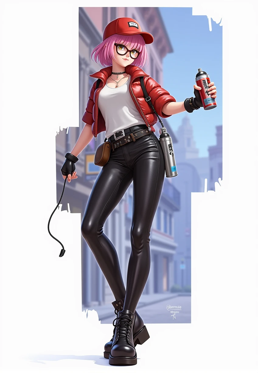 Cool street style,Female character wearing a striking red baseball cap,Short pink hair attracts attention,Brown glasses add a bit of intellectuality。Wearing a short red down jacket,Hand holding graffiti spray paint,Every step exudes creativity。Tight leather pants complement long legs,Wear a spray paint bottle on your waist,Black belt to tighten waist,The leather boots are full of metal buckle details,White vest simple inner wear,Young and stylish,Full of personality。