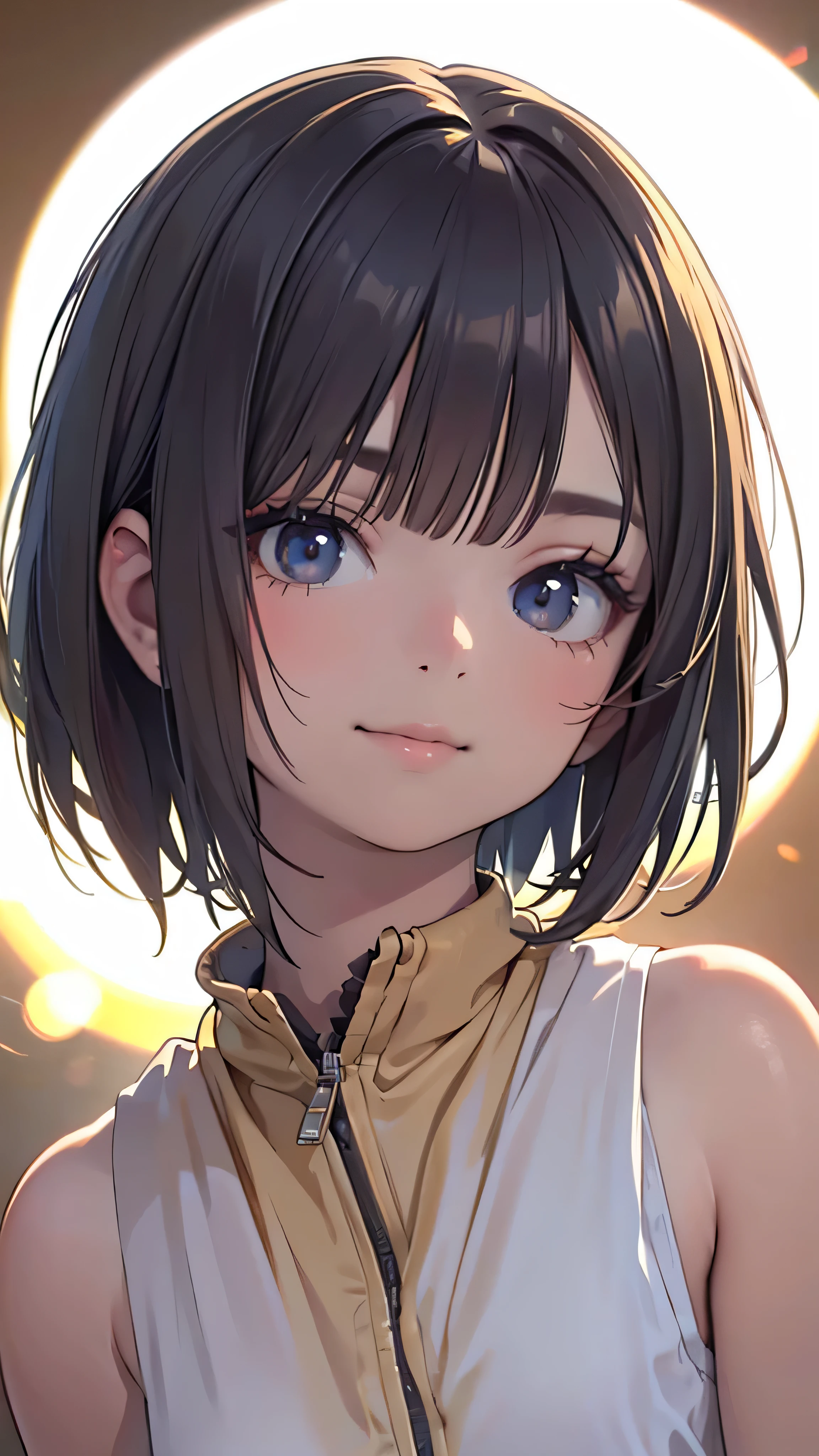 Official Art, wallpaper, Very detailed, (((Very detailedな目と顔))), Realistic portraits, (Highest quality, masterpiece, High resolution), (High resolutionスキン: 1.2), 8K Ultra HD, Backlight, Background Blur, smile, One Girl, Close-up of a girl in a white shirt, Beautiful girlish face, Attractive beautiful face, Beautiful face and perfect skin, Diffused, Natural skin glow, Attractive and beautiful, Enveloped in golden light, Gorgeous and attractive face, Soft Golden Hour Lighting, natural beauty expressive pose, Soft golden light, Attractive girl, Beautiful girl face, Golden Background, , Bobcut