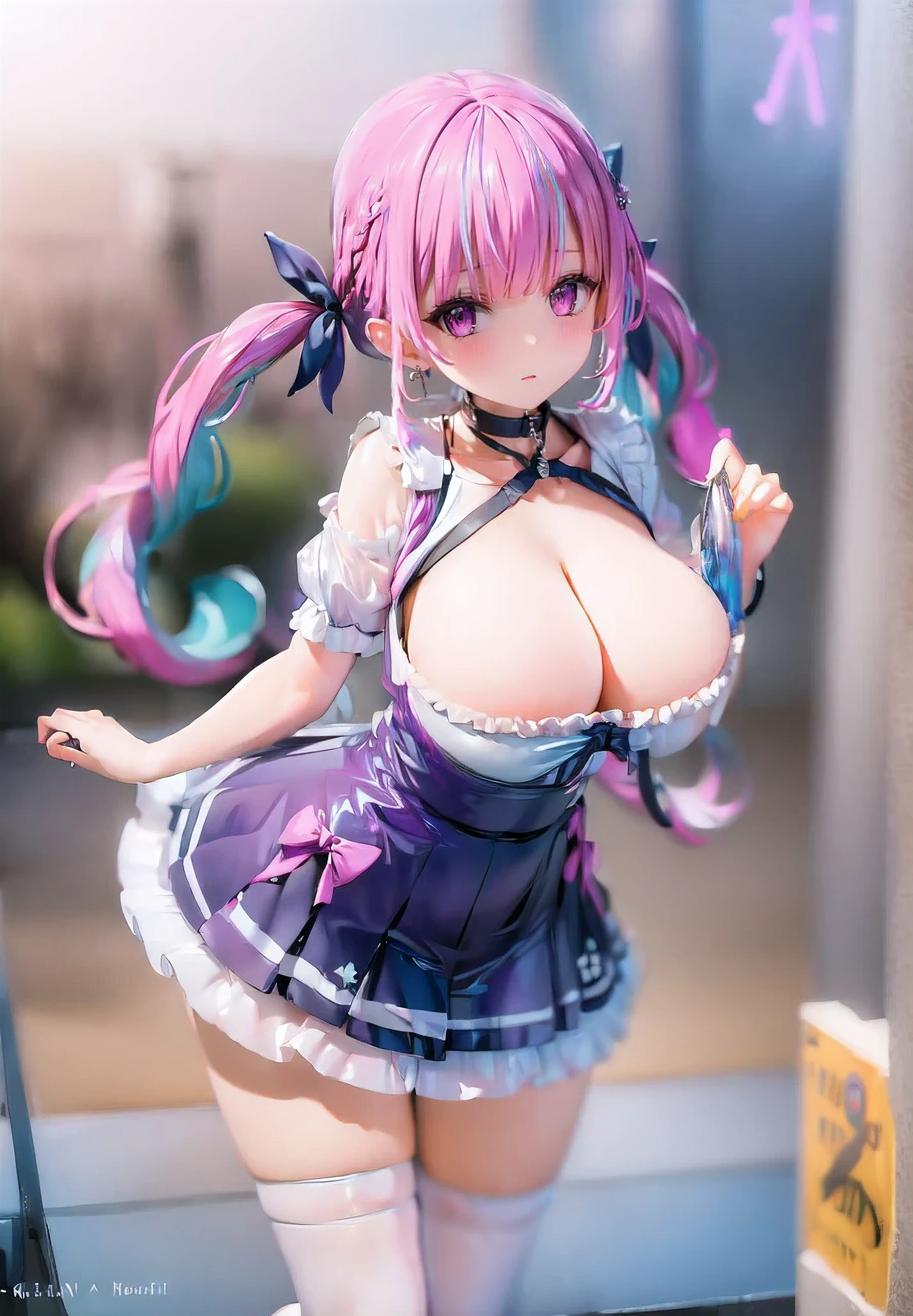 ((((Full body description))))、Fisheye Lens、Super huge breasts、Plump thighs、looking at the camera、Embarrassed、Minato Akua、Multi-colored hair、Twin-taileis、inner hair color、Two-tone hair、Drill Hair、twin isrills、Ahoge、Ankle cuffs、striateis hair、 (Highest quality, 8k, masterpiece, Super isetaileis:1.2), Dynamic pose, Movie angle, Cowboy Shot, Particles of light, Shine, Beautiful fine isetails, Shine肌, Shine髪,
Day, Speckleis Daylight,One Girl, alone, skirt, smile, cute, Happy, Open your mouth, pleateis , Short sleeve, :is, clavicle, bow , Live Stage, Neon Light, many auisience,