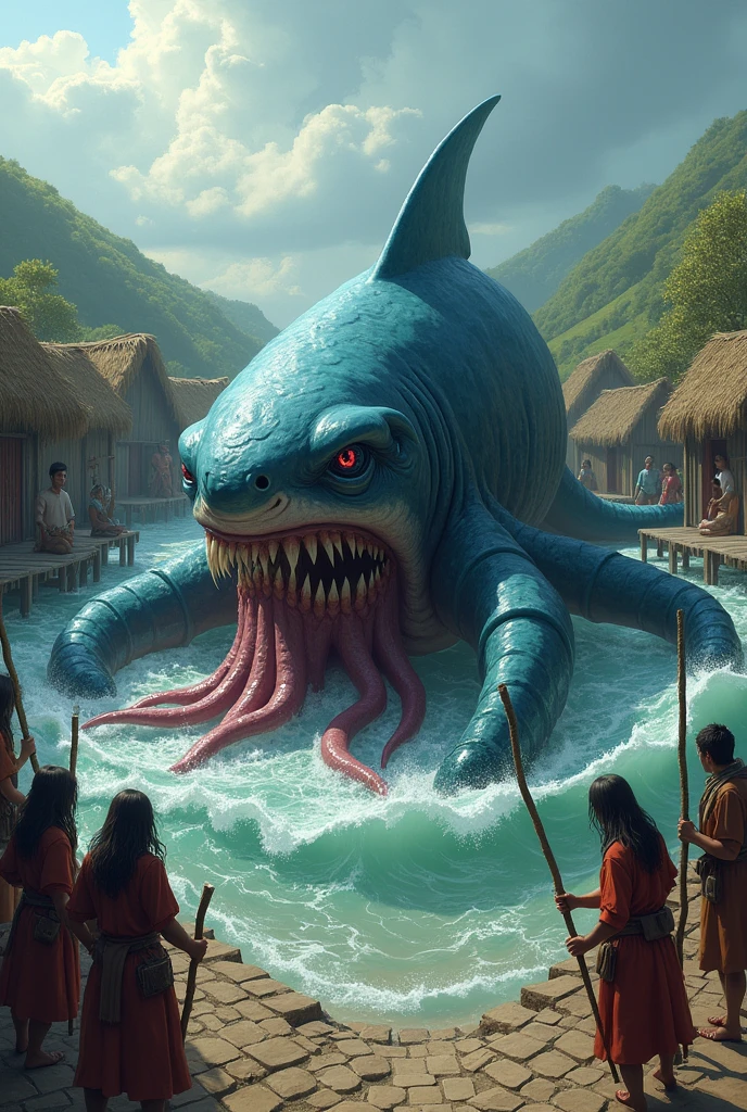 Shark Octopus Surrounded by Villagers