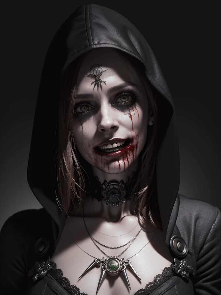 (RAW photo, best quality), (realistic, photo-realistic: 1.3), extremely terrific, masterpiece, ultra-detailed, highres, best illustration, best shadow, intricate, depth of field, horror, scary, scary, scary, horrifying, solo, 1girl, dirty hair, (scary eyes), evil insane eyes, insane monster smile with sharp teeths, looking at the viewer, black torn clothes, hood, blood, bloody, insane expression, sharp focus, volumetric mist, 8k UHD, DSLR, high quality, (film grain: 1.4), Fujifilm XT3, darkness, night