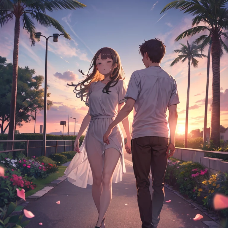 (1 couple:1.5),1 Female\(smile, Brown Hair, White Dress, middle aged,\) and 1 man\(Gray Hair, the back is bent, Wrinkles are frequent,Very old man,skinny, (Blue short-sleeved shirt), Brown pants, Sleeping face) By foot (Park promenade:1.2) , Many petals dance in the sky,a large number of colorful flowers, Beautiful sunset, Beautiful Clouds,, break ,quality\(8k,非常に精細なCGユニットのwallpaper, masterpiece,High resolution,top-quality,top-quality real texture skin,Surreal,Increase the resolution,RAW Photos,最高quality,Very detailed,wallpaper,Cinema Lighting,Ray-tracing,Golden Ratio\),[Browsing Caution],Anatomically correct body,Better Hands,Golden Hour