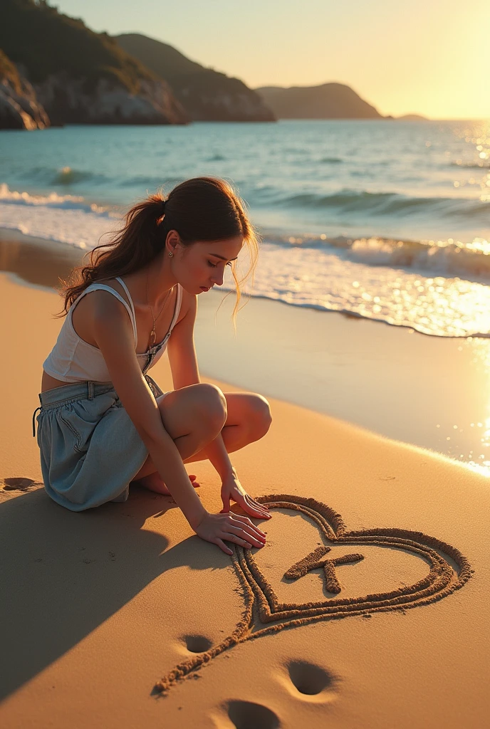 A 18 years old girl draws a heart on sand near sea and writes "K" inside that heart
