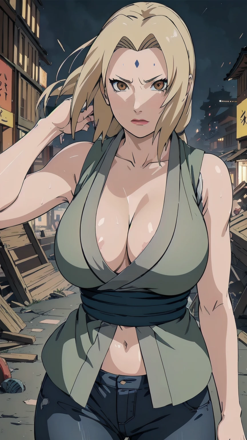 (masterpiece, Highest quality:1.2), alone, One Girl, Tsunade Defense, Forehead mark, View your viewers、((Battle Scenes、Fighting Pose、Sweat、Rocky area、wood、sunny、City in Ruins、audience、Navy Blue Pants、Green haori、Sleeveless、Torn clothes、Large areola、chest))、Beautiful girl with beautiful details, Professional photography lighting, Highly detailed eyes and face, Beautiful eyes in every detail、Beautiful detailed hair, Beautiful and exquisite cold face、anime、((Sleeveless、Underarm))