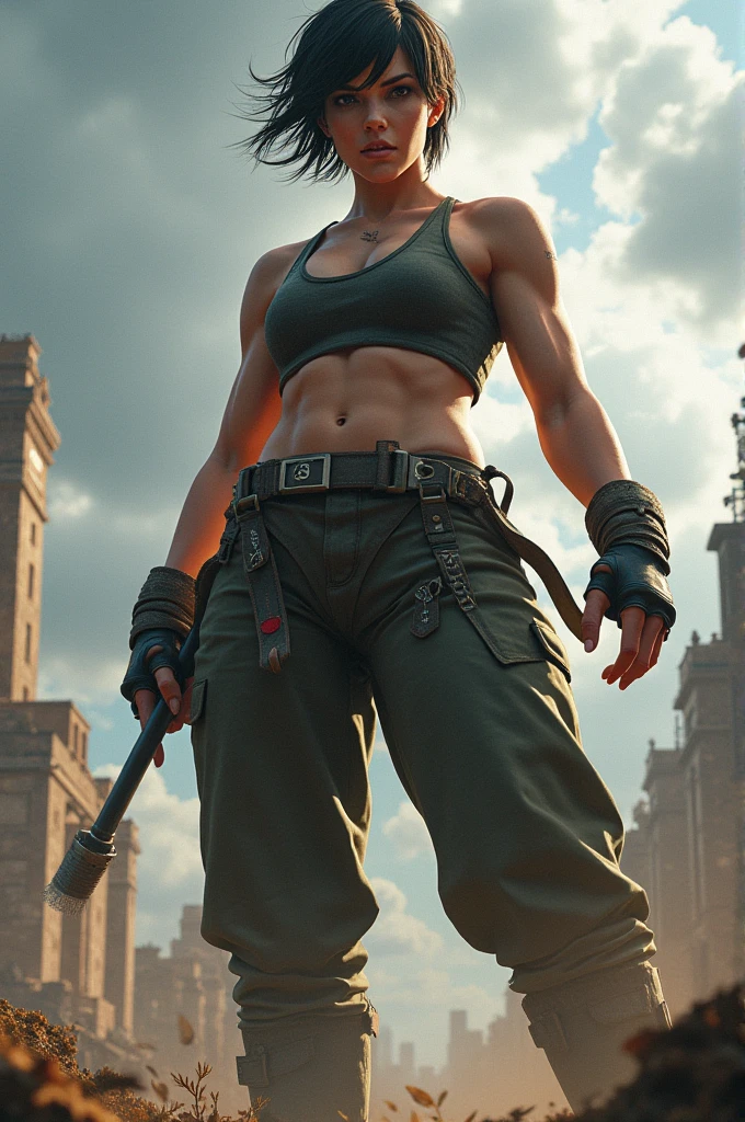 giant woman,low angle,fighter,short hair,upskirt