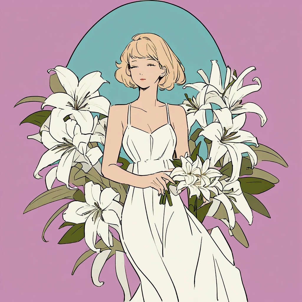 A woman solo in a white dress, summer, nostalgic, simple and beautiful color scheme, flat color, flowers, chic art, white lily bouquet