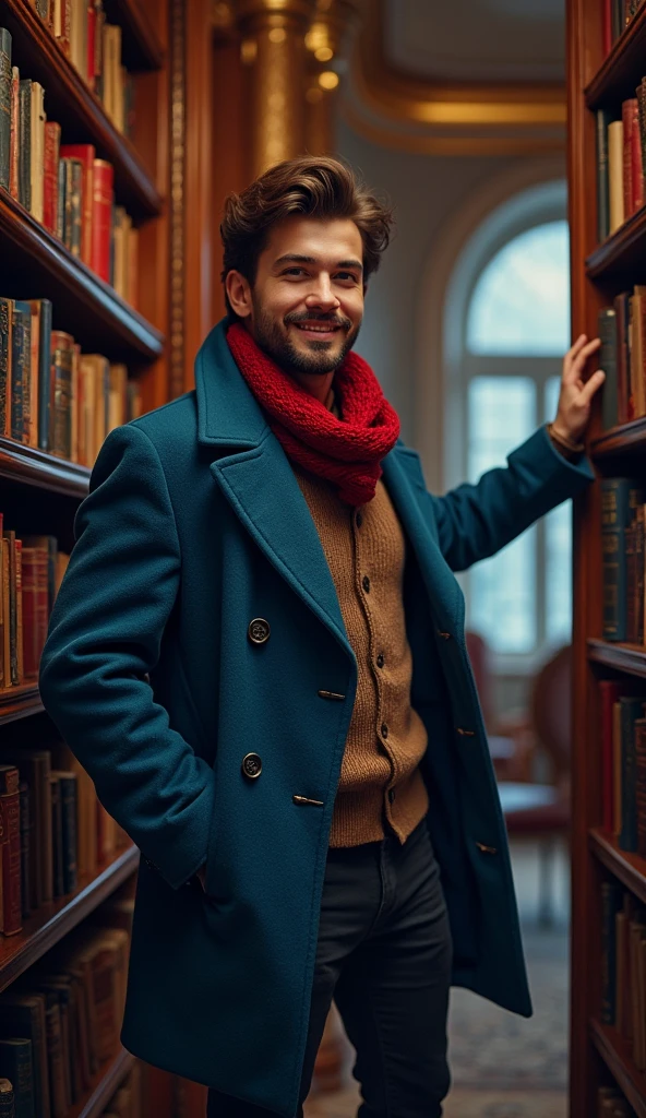 Inside a luxurious mansion, A 21-year-old young rich man with a small beard and big mustache wearing a very lush bluish pent coat and a red muffler, Entering a Library with a motivated look and smile, books all around, picking a book from shelf, library is lavishly decorated, with warm lights contrasting the snowy night outside.