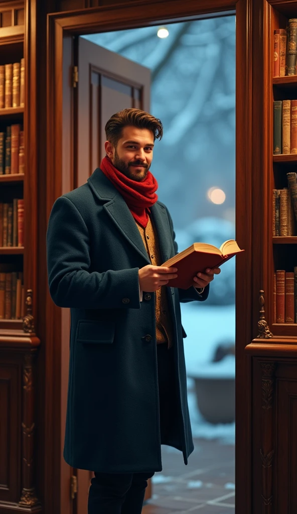 Inside a luxurious mansion, A 21-year-old young rich man with a small beard and big mustache wearing a very lush bluish pent coat and a red muffler, Entering a Library with a motivated look and smile, books all around, picking a book from shelf, library is lavishly decorated, with warm lights contrasting the snowy night outside.