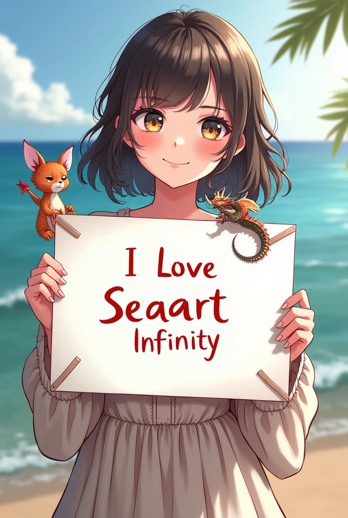 Beautiful girl with wavy long hair, bohemian dress, holding a white board with text "I Love Seaart Infinity" and showing it to the viewer　dragon　Anime Style　Wet Skin　tits　School Swimsuit