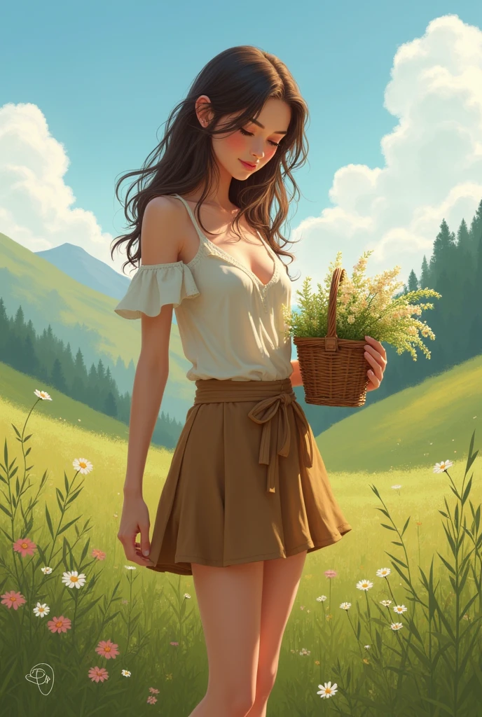 A young shepherdess in simple, rustic clothing, holding a small basket of flowers or herbs, symbolizing her connection to nature., cleavage, thigh, short skirt, sexy