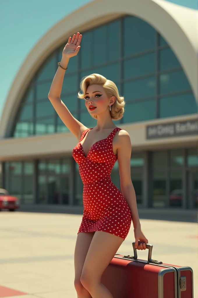 Girl with a luggage standing outside airport building, waving her hand, pin up style