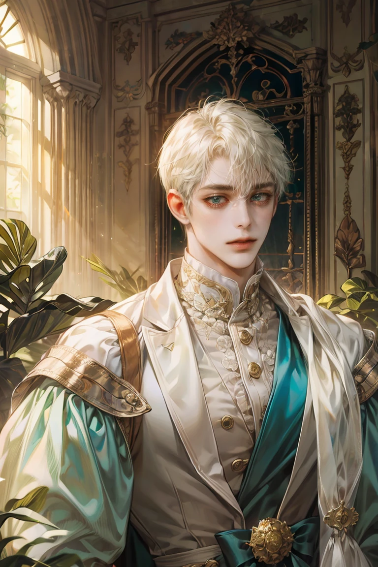 8k, complex, elegant, Very detailed, majestic, digital photography, surreal painting, Victorian mansion, palace, detailed background, clear sky, beige mansion, (masterpiece, side light, fine and beautiful eyes: 1.2), HdR, (ojos Verde bright)), Victorian dress, ( bright), White-haired MAN, ice blue mix of violet color eyes. robust muscular boy, wide shoulders, muscles, manly mature face, half body