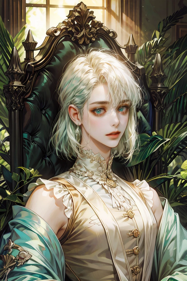 8k, complex, elegant, Very detailed, majestic, digital photography, surreal painting, Victorian mansion, palace, detailed background, clear sky, beige mansion, (masterpiece, side light, fine and beautiful eyes: 1.2), HdR, (ojos Verde bright)), Victorian dress, ( bright), White-haired MAN, ice blue mix of violet color eyes. robust muscular boy, wide shoulders, muscles, manly mature face, half body