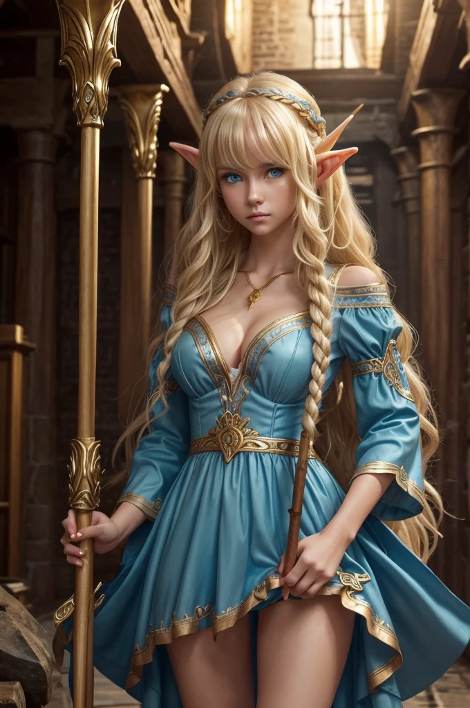 (1 girl) Blonde Elf. Cyan eyes. (elf ears:0.9)(golden long curly hair, scattered in a mess:1.1). (Blue dress with gold embroidery). high-heeled shoes. Beautiful Character Face. Detailed eyes and face, delicate features. , (Sexy). Tired. Defensive Readiness Status. (Standing in the middle of the dungeon), (with a wooden staff in his hand)(Sticky puddles and drops on the walls). light mist. Fantasy theme,. dramatic  lighting. Highly detailed characters.