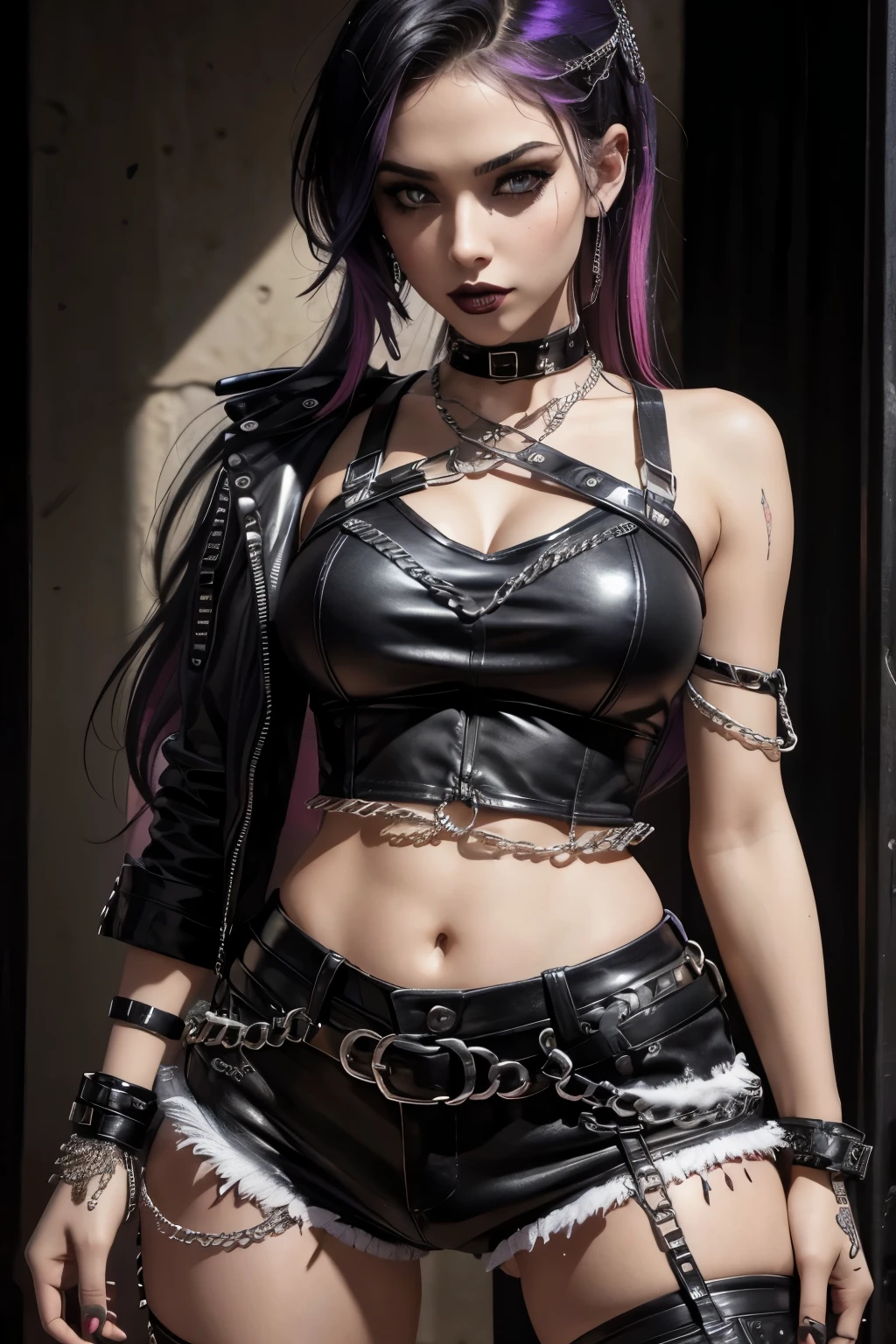 Hyperrealistisches, super detailed, sexly, young gothic girl , sexly Gesichtsausdrücke, seductive facial expressions, dynamic pose [:(Facial detail: 1.4): 0.4], 16k resolution, 4K resolution, (Perfect flat stomach), (color picture),
edgpshorts, a woman in a black top and shorts with chains on her waist , wear edgpshorts
 