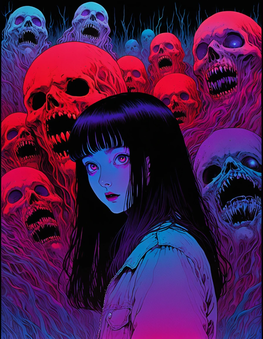 illust、art、from 80s horror movie, directed by Junji Ito、nightmare、high detail, realsitic shadow、og style, vhs style, 8mm film, chromatic aberration, Dvd screengrab、Blue-purple and red-purple gradation、Surrealism