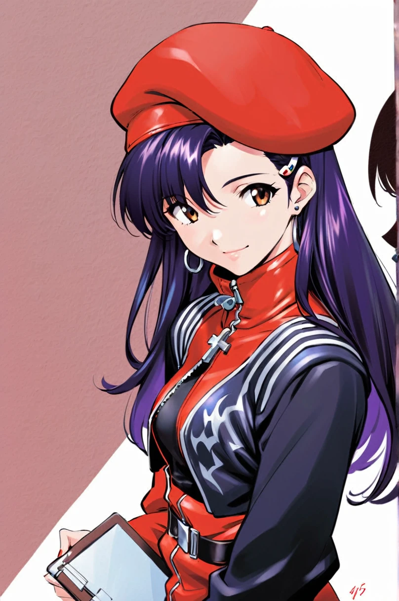 katsuragi misato, 1girl, jewelry, hat, jacket, red jacket, turtleneck, long sleeves, holding, open clothes, open jacket, long hair, smile, bangs, necklace, breasts, signature, purple hair, upper body, closed mouth, parted bangs, white background, solo, earrings, cross, stud earrings, black shirt, beret, brown eyes, uniform, red headwear, cross necklace, shadow, looking at viewer, zipper, belt, simple background, looking to the side, military, medium breasts, military uniform, light smile, small breasts, pendant, clipboard, zipper pull tab, holding book, cropped torso, silhouette, 