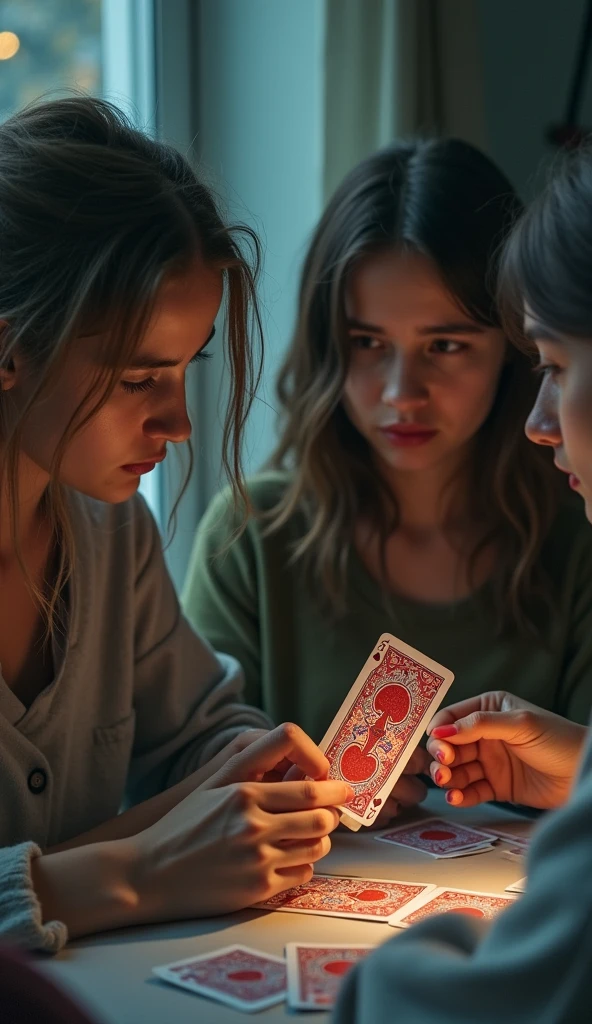 realistic photo, detailed photo, (4 different ages young women play the monster card game, monster come out from the card game:1.5 ,card in hands, woman lose everything and scared, )