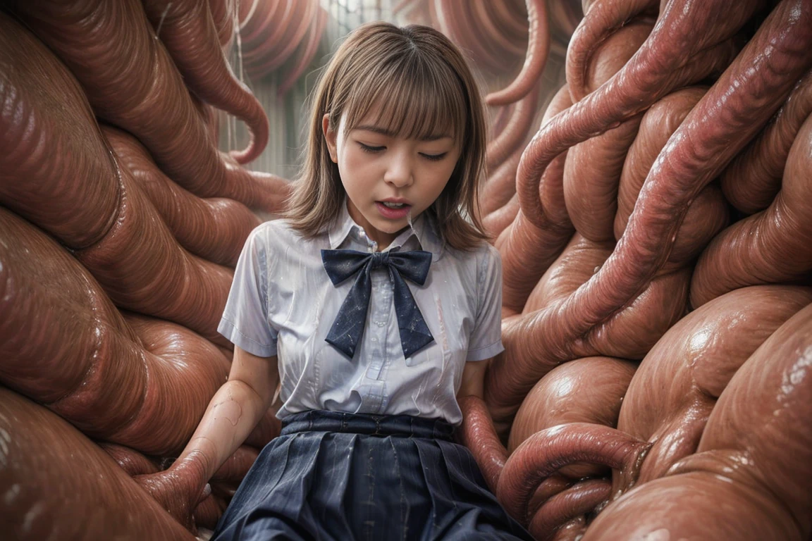 creepy tentacles are (((licking))) Asian school girl (inside creature:1.4) of stinky saliva fluids in fantasy, (stinky dress), wet girl, sitting, ((looking at the viewer)), wet skin, bukkake, anguished, bound by slimy tentacles, bdsm, vine, sitting in a mirror, she is resisting from cum shot, fetish, pussy juice stain, (she is hiding her mouth:1.5) inside creature, slimy ((wet skin)) dripping, (beautiful eyes), dried saliva, ((steaming)), depth of field, 1girl, solo, censored, ((white blouse)), skirt, bowtie, school girl, vore, photorealistic, womb cave filled with slime and saliva, wet, soaked, sticky, secret room