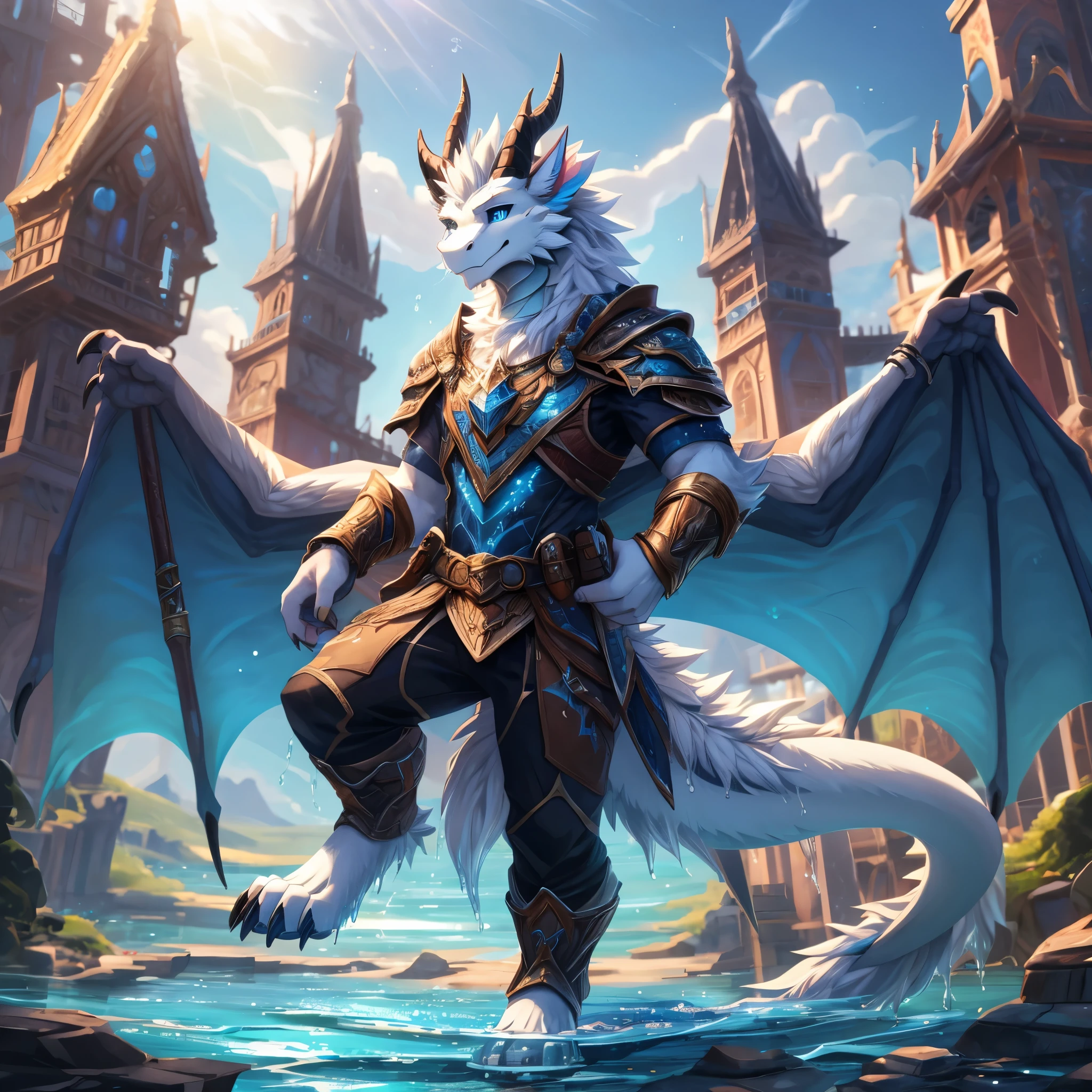 solo,(furred dragon),mature,male,((white fur)),wing,fluffy furs,dragon horns,blue_eyes,cat's eye,tail,handsome,toe claws,digitigrade,blue pawpads,clothing details,epic,mgaical,Fantasy,floating_island,Cinematic Lighting,cirrocumulus,perfect lighting,(best quality),(masterpiece),(ultra detailed),sharp focus,(detailed eyes),depth of field,((water drops)),wet clothes,((beautiful detailed water)),((floating)),