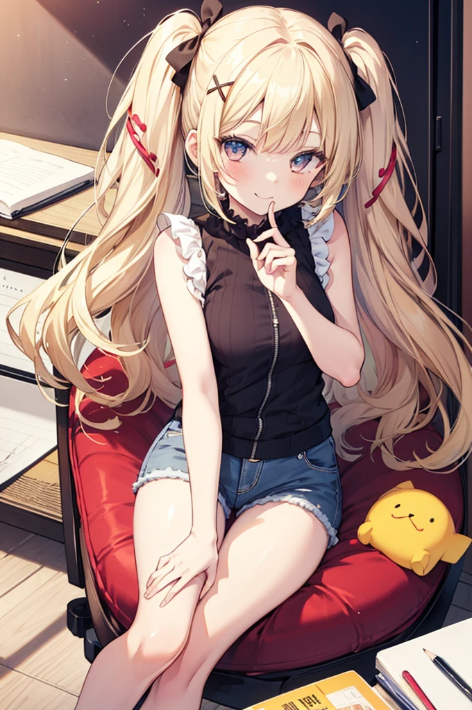 Super creator work, sketch style, pencil drawing, thin and pale outlines,1girl,blonde,Roll curled long-twintail hair,X-shaped hairpin,smile,frilly sleeveless clothes,denim shorts,sit on box,