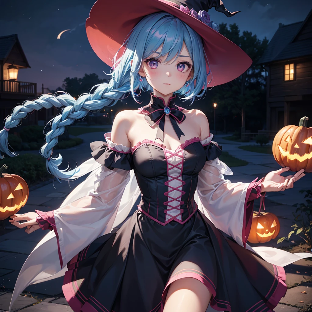 (Sky Blue Hair),(Braided medium hair:1.2), (Pink Eyes),Fair skin) ,(whole body),(One Girl),(Crescent Moon),(There are many pumpkin ghosts in the background),(If you don't give me sweets, I'll be mischievous.),Halloween Night Party),(masterpiece, Highest quality, Very detailed, Best Shadow), (Detailed Background), (Beautifully detailed face), High Contrast, (Best lighting, Very delicate and beautiful), ((Cinematic Light)), Hyper Detail,8k, Dramatic Light, Intricate details,Witch's Clothes,Magic broom,Flying bats in the sky,