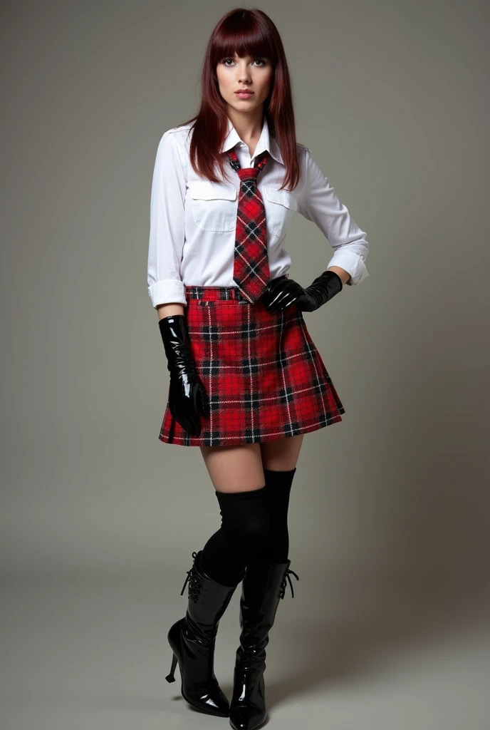 Schoolgirl in a mini tartan kilt, with white shirt, tie, long latex boots and latex gloves with latex long high heel boots and latex gloves