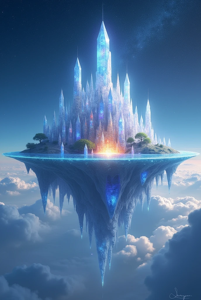 A shimmering ethereal island suspended in the sky, Its crystal structure reflects the light of distant stars. This otherworldly paradise seems to have woken up from a dream, A quiet haven in the vast universe. The image is a digital painting, Carefully crafted，Capture every intricate detail and subtle glow of the island. Colors blend seamlessly, Create an immersive and fascinating scene，Its beauty is almost within reach. The high definition and stunning clarity of the images bring the Sky Island to life, Let the audience indulge in its sacred charm.