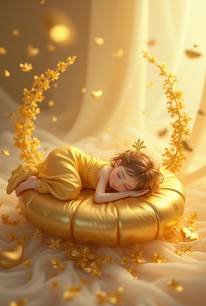 A girl in a golden clothing sleeping on gold chibi