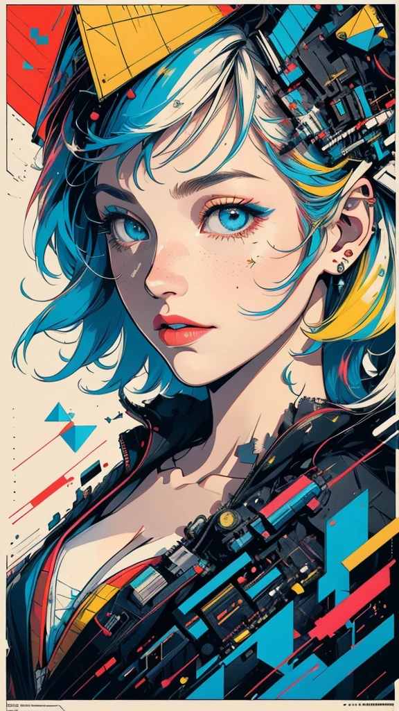 (((masterpiece, highest quality))),(((solo:1.2))),(((1girl:1.2))),32k wallpaper, very detailed, poster, vintage science fiction,(((((geometric cinematic movie poster))))), (bauhaus), shape,(((abstract))),(mid century modern),movie poster,(((((portfolio))))),(((((Close-up))))),(((((bust up))))),((((more various angle)))),(((highlight))),Vast landscape,((((heterochromia)))),(((complete. detailed face))),(((Extremely talented))),(((most complecated machine))),Colorful color scheme,(Cleavage)