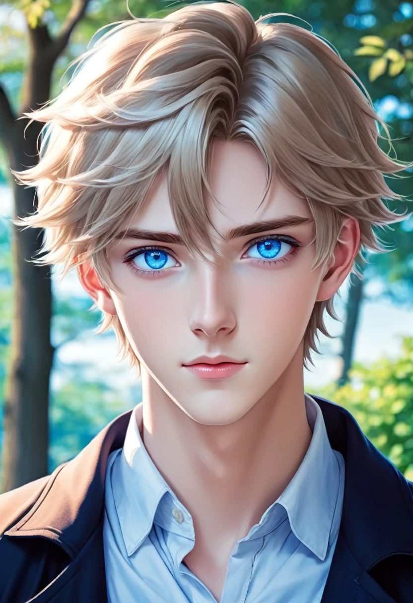 Handsome beautiful college boy with blue eyes in anime style image