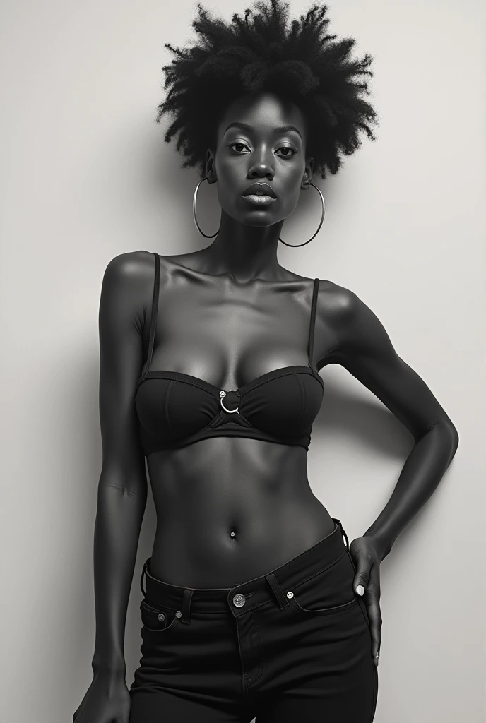 Black Transwoman, uncut penis, small breast, frontal