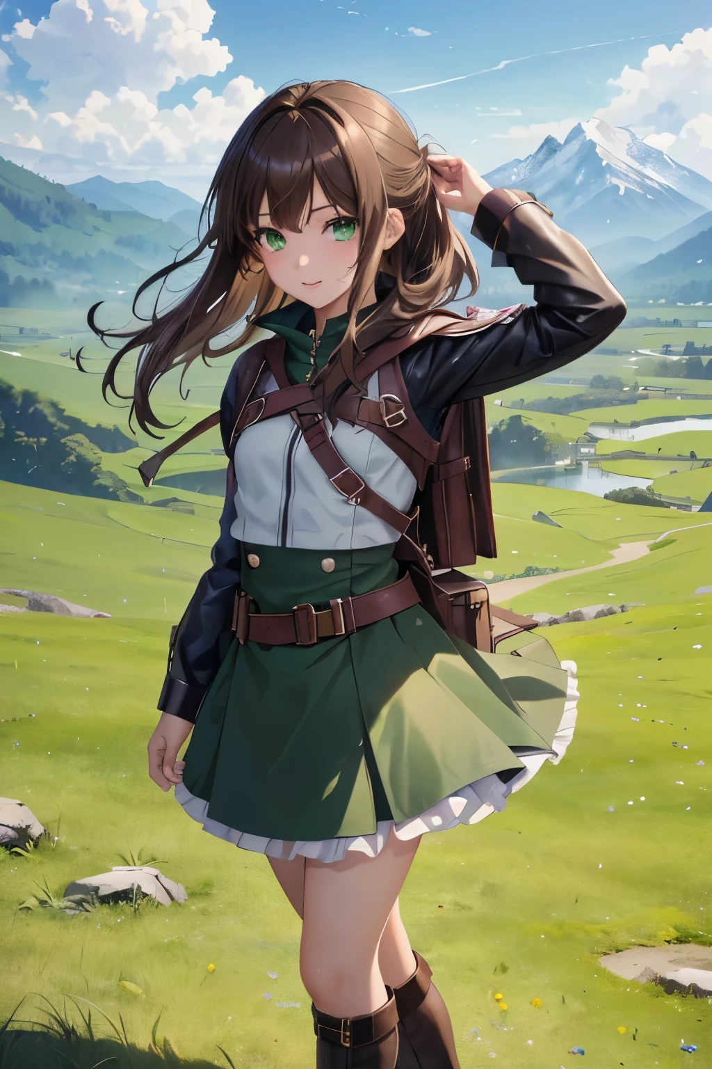 ((masterpiece, Highest quality, High resolution, 超High resolution, Pixel perfect, Written boundary depth, 4K, RTTX 10.0, High resolution))), 1 girl, single, alone, Beautiful Anime Girls, Beautiful art style, Anime characters, ((Shortcuts, bangs, Dark brown hair)), ((Green Eyes:1.4, Round eyes, Beautiful eyelashes, current eyes)), ((Smooth texture:0.75, Anime CG style)), ((Dynamic Angle, close)), Perfect body, (pretty girl), Normal chest, whole body, ((4K, 8k, Highest quality, Perfect Fingers: 1.3, Perfect Anatomy: 1.3, Background Blur)), whole bodyアングル, An adventurer girl standing in the middle of a vast green field, She wears a slightly worn leather outfit., Boots and a small cape fluttering in the wind, With a confident look, They have bright, curious eyes., Long hair tied back, A small backpack packed with adventure essentials, Mountains towering in the distance々Under the blue sky with a background of