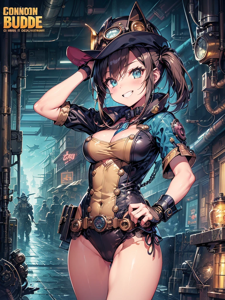 (Comic book style),(Line art_anime),(Cowboy Shot, Highest quality, ),(Photo by Laura Budd:1.2),(Laura Add details:1.0),8k, Flat Color:0.8,1 girl,smile、(Highly decorative and complex mechanical steampunk fashion, Lace flare dolphin hat、Goggles 1.5、machinery background、Gear background、Complex mechanized steampunk factory、1.5)