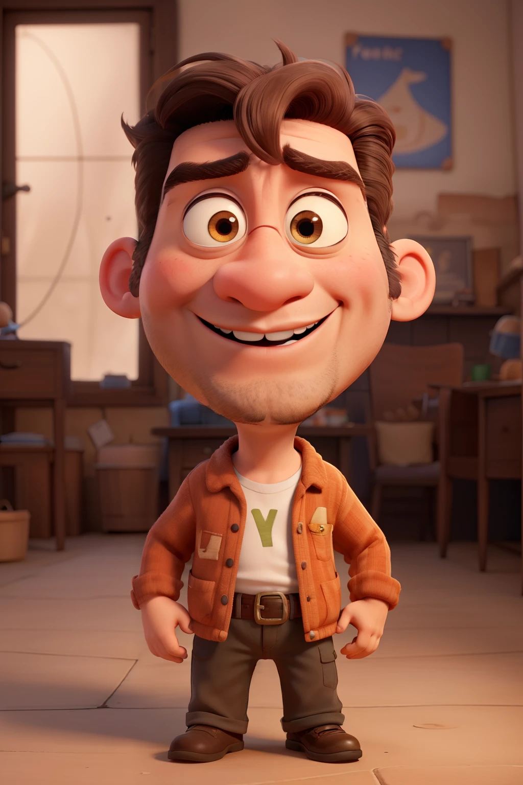 Pixar-style, Oliver Platt, naughty man, short dark brown hair, without bangs, slanted eyes, pointy eyebrows, fine nose, wide nostrils, cheek in sight, big mouth, thin lips, stuffed chin, Square face, Waving your hand